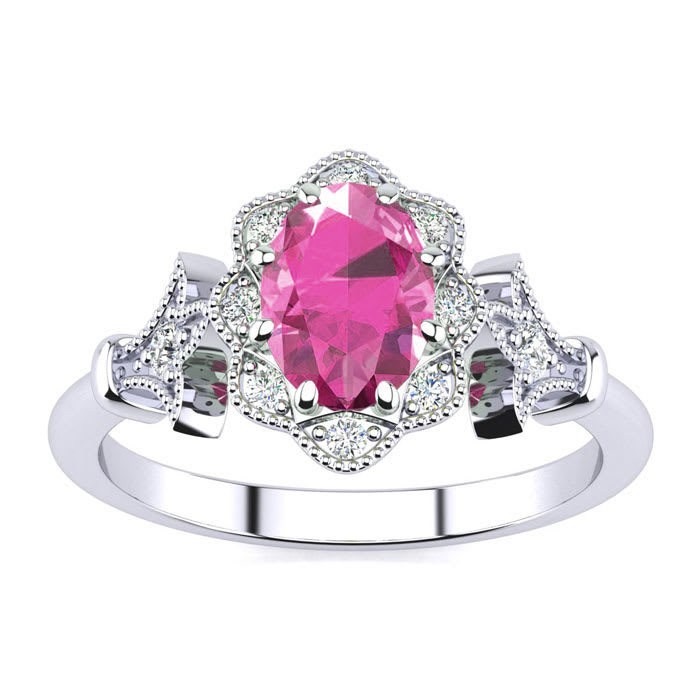 Pink Sapphire Ring: 1 Carat Oval Shape Created Pink Sapphire and Halo Diamond Ring In Sterling Silver