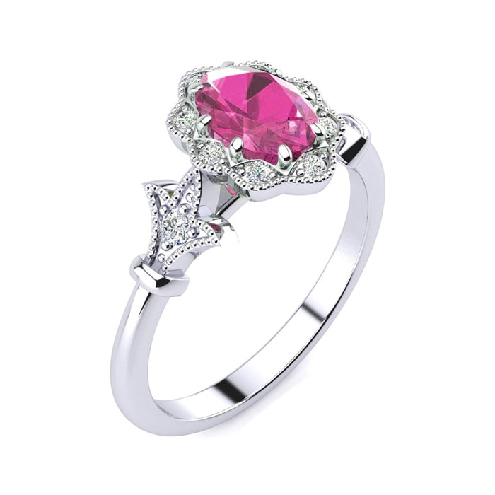Pink Sapphire Ring: 1 Carat Oval Shape Created Pink Sapphire and Halo Diamond Ring In Sterling Silver