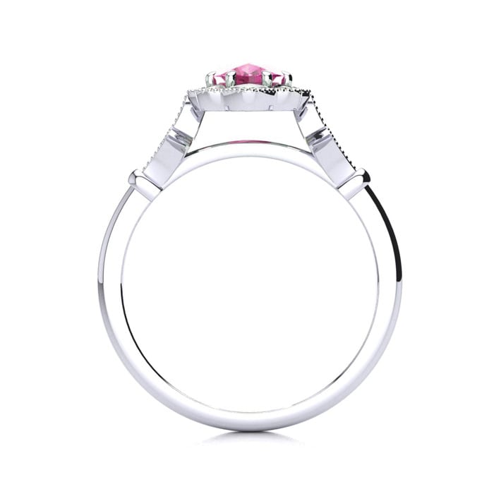 Pink Sapphire Ring: 1 Carat Oval Shape Created Pink Sapphire and Halo Diamond Ring In Sterling Silver