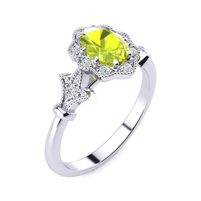Peridot Ring: 1 Carat Oval Shape Peridot and Halo Diamond Ring In Sterling Silver