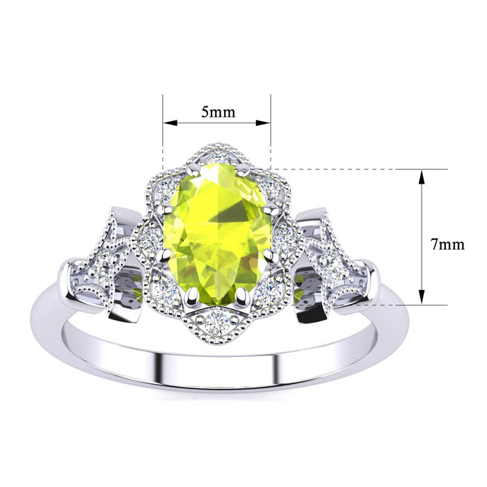 Peridot Ring: 1 Carat Oval Shape Peridot and Halo Diamond Ring In Sterling Silver