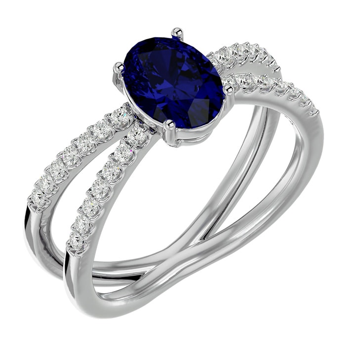 Sapphire Ring: 1 1/2 Carat Oval Shape Created Sapphire and Halo Diamond Ring In Sterling Silver