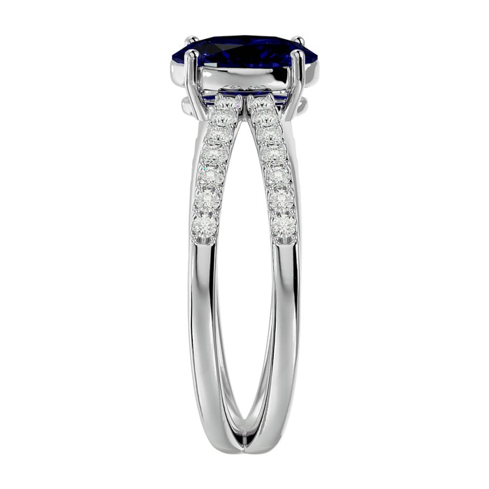 Sapphire Ring: 1 1/2 Carat Oval Shape Created Sapphire and Halo Diamond Ring In Sterling Silver