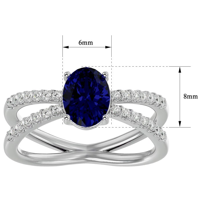 Sapphire Ring: 1 1/2 Carat Oval Shape Created Sapphire and Halo Diamond Ring In Sterling Silver