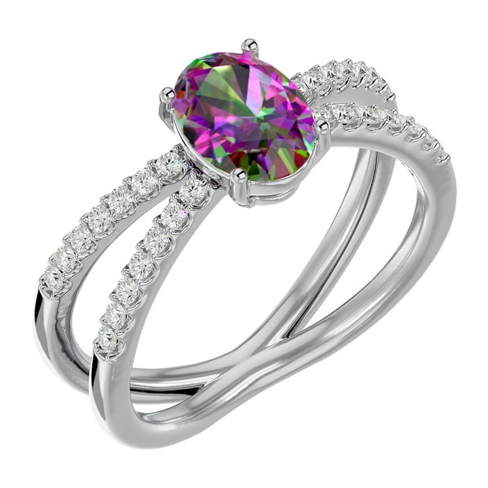 Mystic Topaz Ring: 1 1/2 Carat Oval Shape Mystic Topaz and Halo Diamond Ring In Sterling Silver