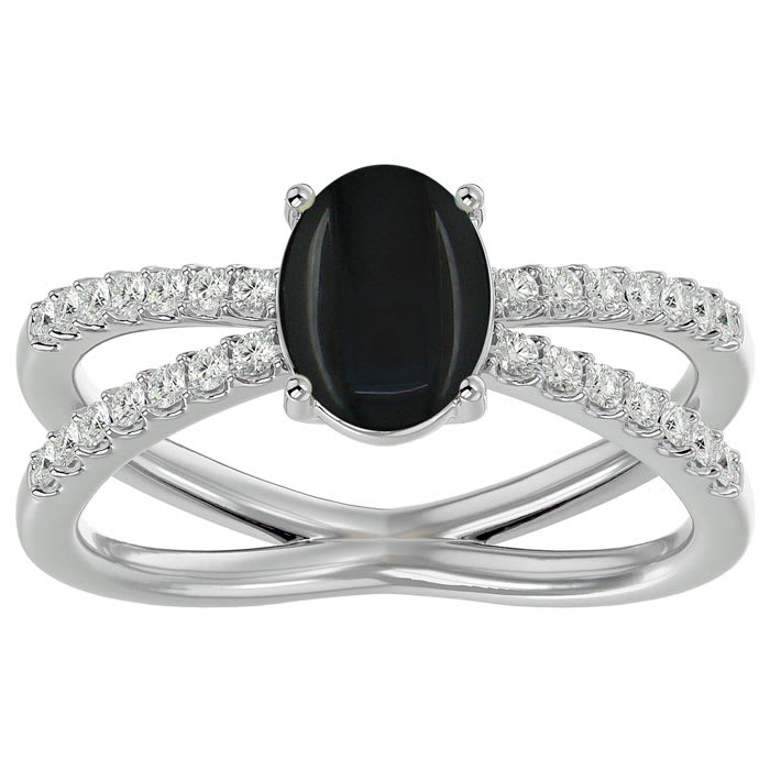 Black Onyx Ring: 1 1/2 Carat Oval Shape Black Onyx and Halo Diamond Ring In Sterling Silver