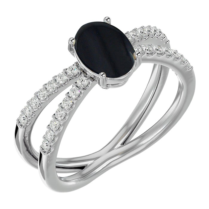 Black Onyx Ring: 1 1/2 Carat Oval Shape Black Onyx and Halo Diamond Ring In Sterling Silver