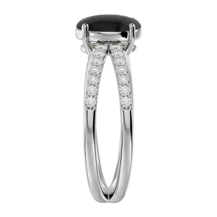 Black Onyx Ring: 1 1/2 Carat Oval Shape Black Onyx and Halo Diamond Ring In Sterling Silver
