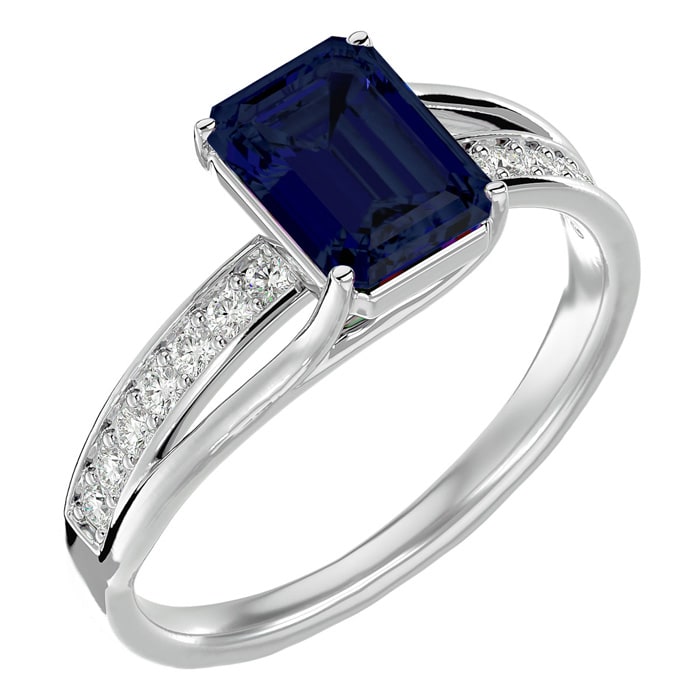 Sapphire Ring: 1 3/4 Carat Emerald Shape Created Sapphire and Diamond Ring In Sterling Silver