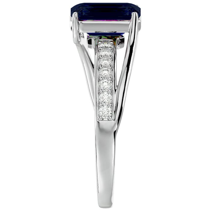 Sapphire Ring: 1 3/4 Carat Emerald Shape Created Sapphire and Diamond Ring In Sterling Silver