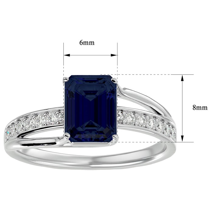 Sapphire Ring: 1 3/4 Carat Emerald Shape Created Sapphire and Diamond Ring In Sterling Silver