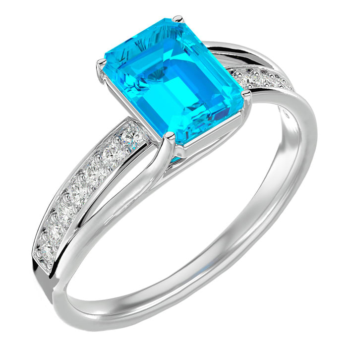 Blue Topaz Ring: 1 3/4 Carat Emerald Shape Blue Topaz and Diamond Ring In Sterling Silver
