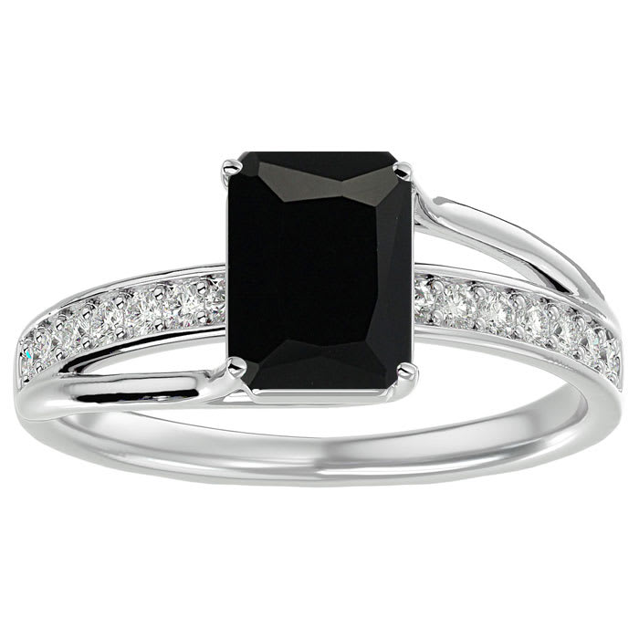 Black Onyx Ring: 1 3/4 Carat Emerald Shape Black Onyx and Diamond Ring In Sterling Silver