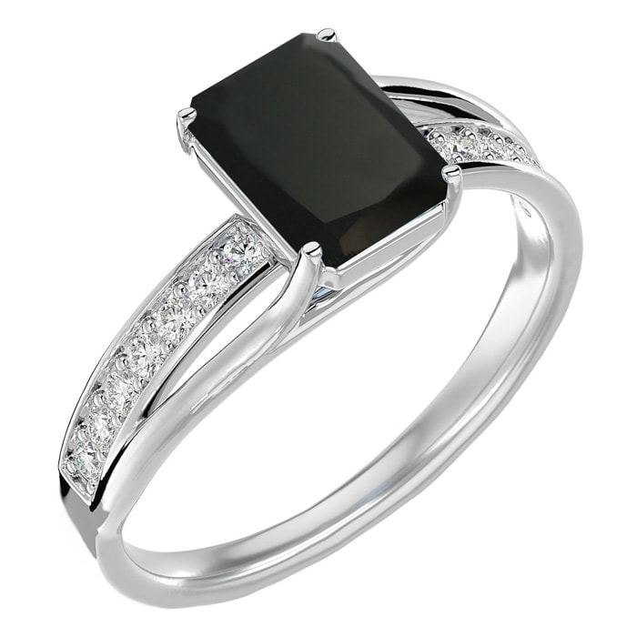 Black Onyx Ring: 1 3/4 Carat Emerald Shape Black Onyx and Diamond Ring In Sterling Silver