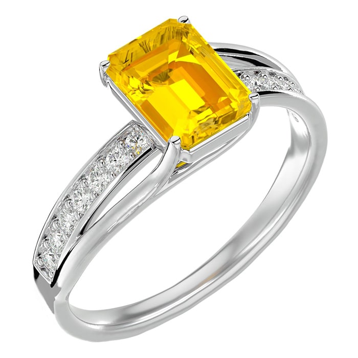 Citrine Ring: 1 3/4 Carat Emerald Shape Citrine and Diamond Ring In Sterling Silver