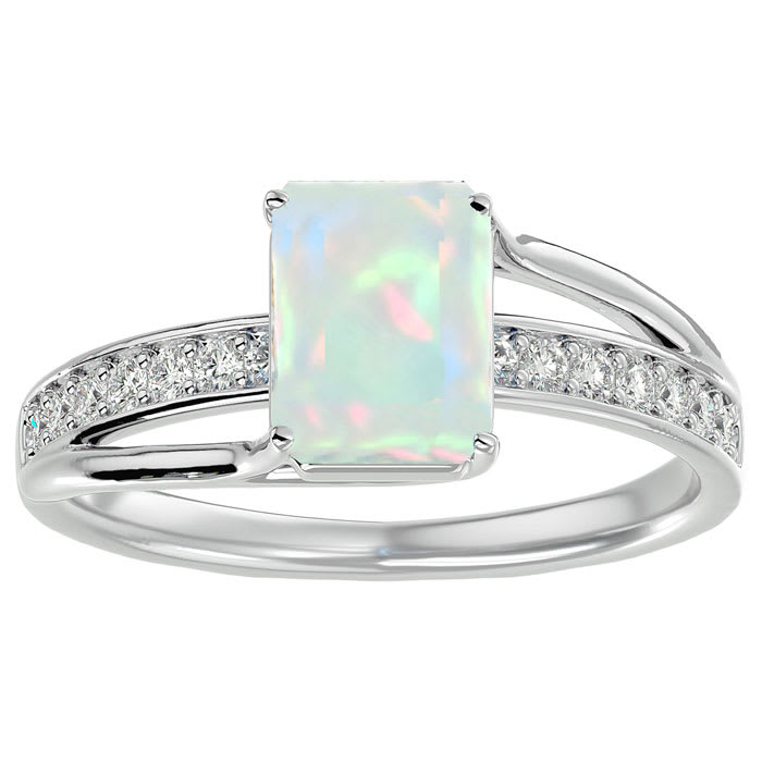 1 3 4 Carat Emerald Shape Created Opal and Diamond Ring In Sterling Silver