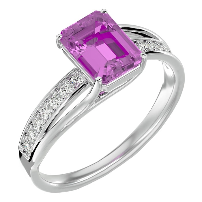 Pink Sapphire Ring: 1 3/4 Carat Emerald Shape Created Pink Sapphire and Diamond Ring In Sterling Silver