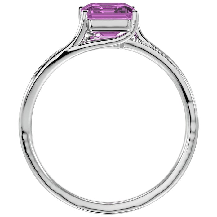 Pink Sapphire Ring: 1 3/4 Carat Emerald Shape Created Pink Sapphire and Diamond Ring In Sterling Silver