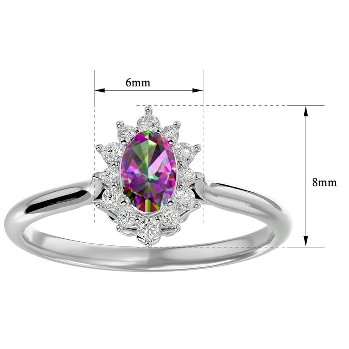 Mystic Topaz Ring: 2/3 Carat Oval Shape Mystic Topaz and Halo Diamond Ring In Sterling Silver