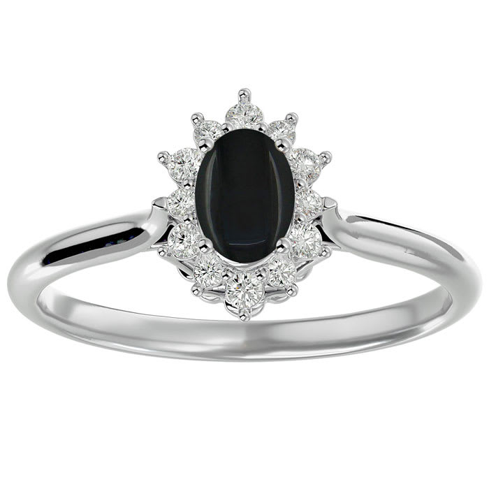 Black Onyx Ring: 2/3 Carat Oval Shape Black Onyx and Halo Diamond Ring In Sterling Silver