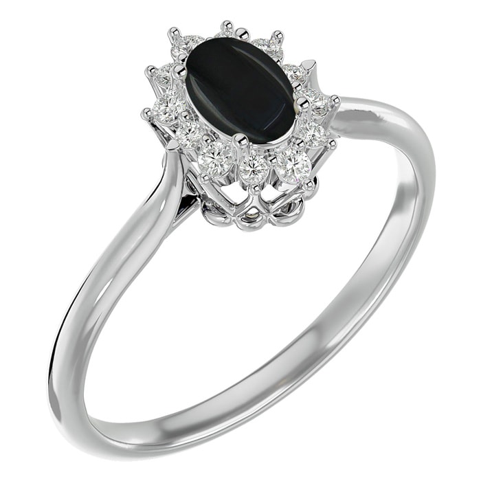 Black Onyx Ring: 2/3 Carat Oval Shape Black Onyx and Halo Diamond Ring In Sterling Silver