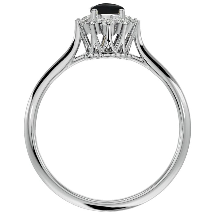 Black Onyx Ring: 2/3 Carat Oval Shape Black Onyx and Halo Diamond Ring In Sterling Silver