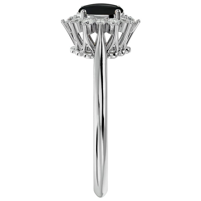 Black Onyx Ring: 2/3 Carat Oval Shape Black Onyx and Halo Diamond Ring In Sterling Silver