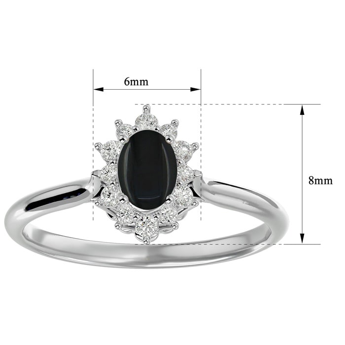 Black Onyx Ring: 2/3 Carat Oval Shape Black Onyx and Halo Diamond Ring In Sterling Silver
