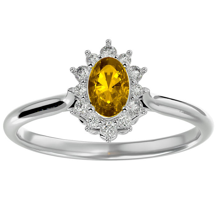 Citrine Ring: 2/3 Carat Oval Shape Citrine and Halo Diamond Ring In Sterling Silver