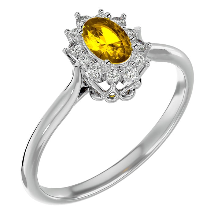 Citrine Ring: 2/3 Carat Oval Shape Citrine and Halo Diamond Ring In Sterling Silver
