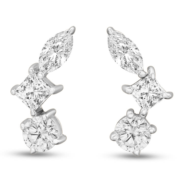 1 1/3 Carat Diamond Cluster Ear Climbers In 14 Karat White Gold