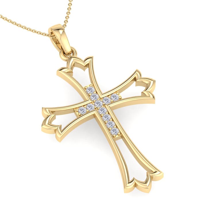 1/10 Carat Diamond Cross Necklace In 14K Yellow Gold Over Sterling Silver, 18 Inches