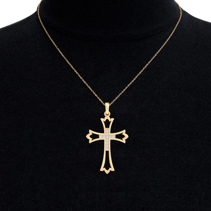 1/10 Carat Diamond Cross Necklace In 14K Yellow Gold Over Sterling Silver, 18 Inches