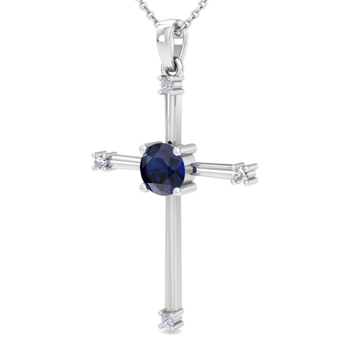 1/2 Carat Sapphire and Diamond Cross Necklace In Sterling Silver, 18 Inches