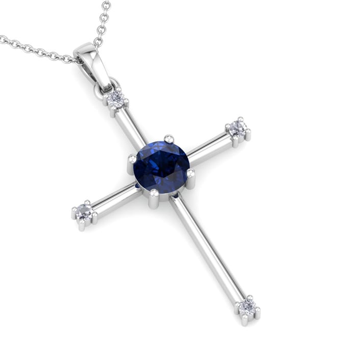 1/2 Carat Sapphire and Diamond Cross Necklace In Sterling Silver, 18 Inches