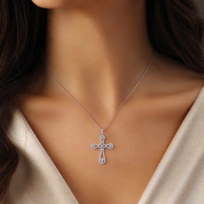 1 Carat Diamond Cross Necklace In Sterling Silver, 18 Inches