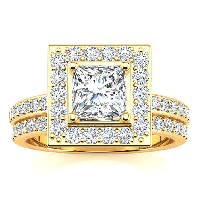 2 Carat Princess Cut Halo Lab Grown Diamond Bridal Set in 14k Yellow Gold