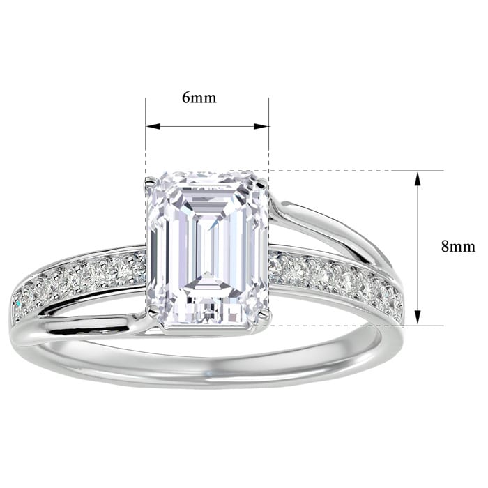 1 3/4 Carat Emerald Shape Moissanite and Diamond Ring In Sterling Silver