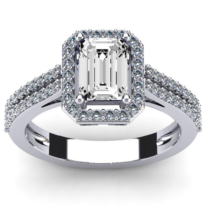 1 1/2 Carat Octagon Shape Moissanite and Halo Diamond Ring In Sterling Silver