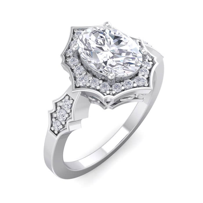 1 1/2 Carat Oval Shape Moissanite and Halo Diamond Ring In Sterling Silver