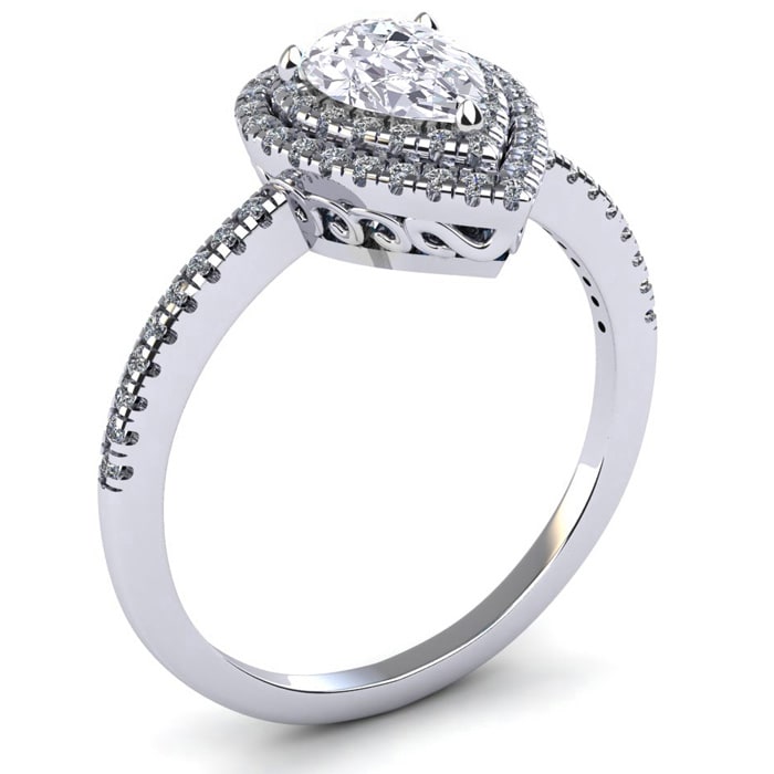 1 Carat Pear Shape Moissanite and Diamond Double Halo Ring In Sterling Silver