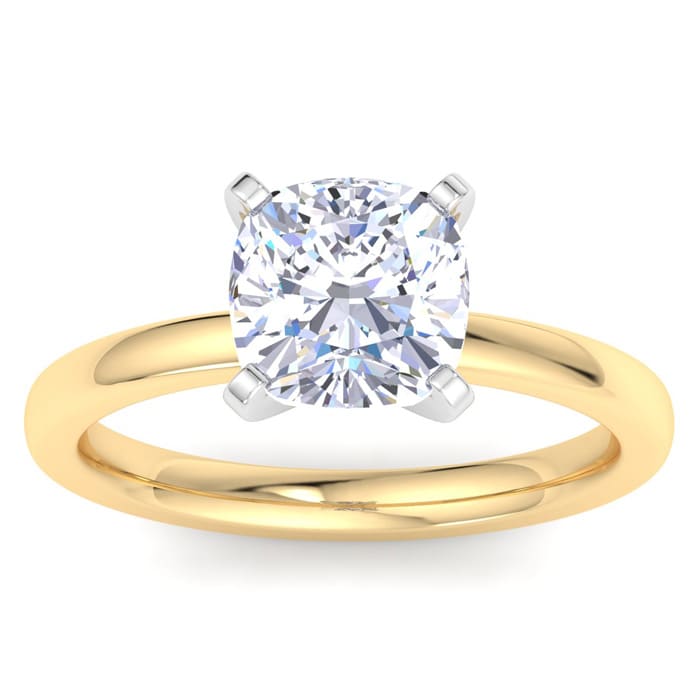 2 Carat Cushion Cut Lab Grown Diamond Ring In 14K Yellow Gold, Solitaire