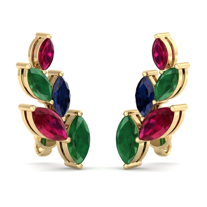 1 3/4 Carat Emerald, Ruby and Sapphire Earring Climbers In 14 Karat Yellow Gold