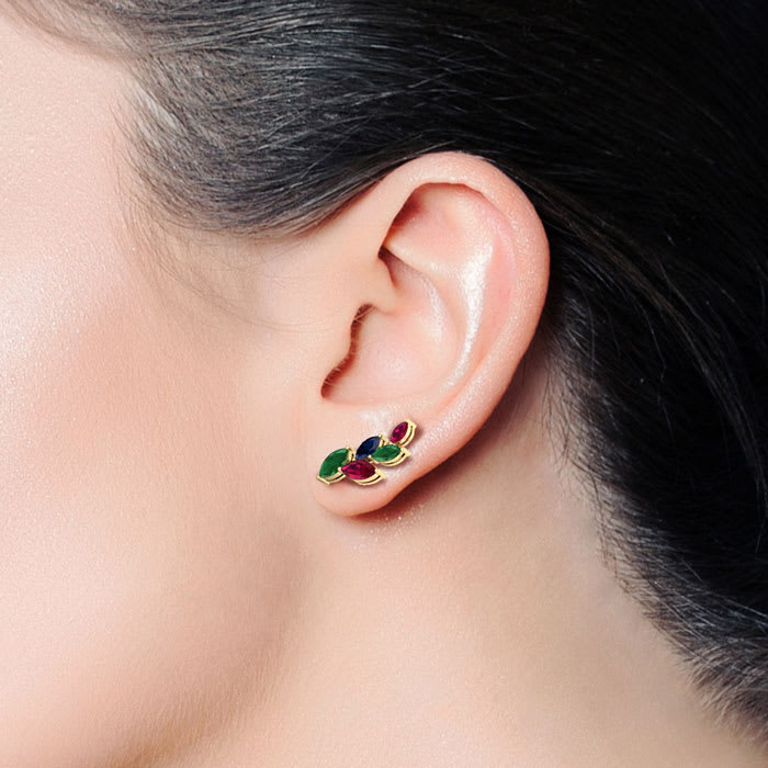 1 3/4 Carat Emerald, Ruby and Sapphire Earring Climbers In 14 Karat Yellow Gold