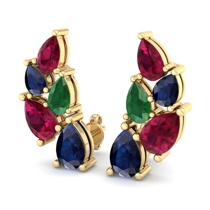 3 Carat Emerald, Ruby and Sapphire Earring Climbers In 14 Karat Yellow Gold