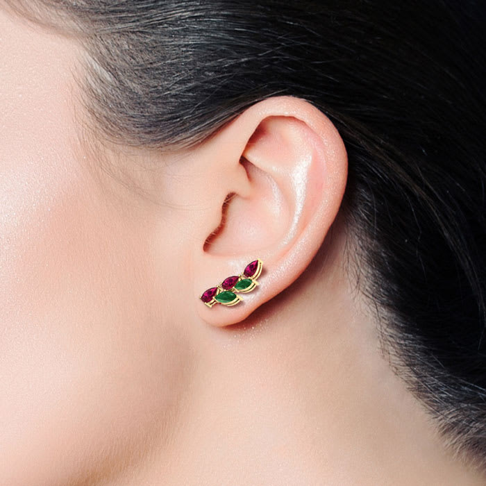 2 1/4 Carat Emerald and Ruby Earring Climbers In 14 Karat Yellow Gold