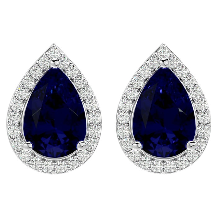 3 Carat Pear Shape Sapphire and Halo Diamond Earrings In Sterling Silver