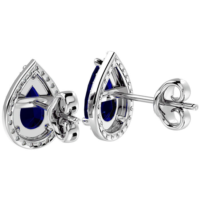3 Carat Pear Shape Sapphire and Halo Diamond Earrings In Sterling Silver