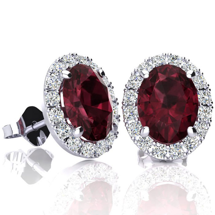 2 1/4 Carat Oval Shape Garnet and Halo Diamond Earrings In Sterling Silver
