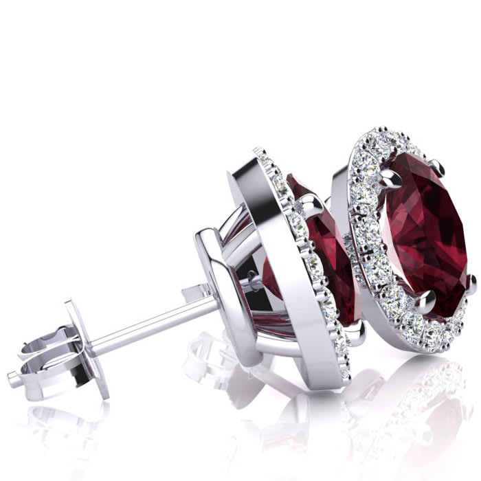 2 1/4 Carat Oval Shape Garnet and Halo Diamond Earrings In Sterling Silver